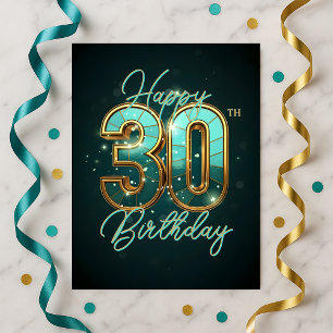 Postal Cumpleaños 30 Brillante Teal y Dorado Deslumbrante