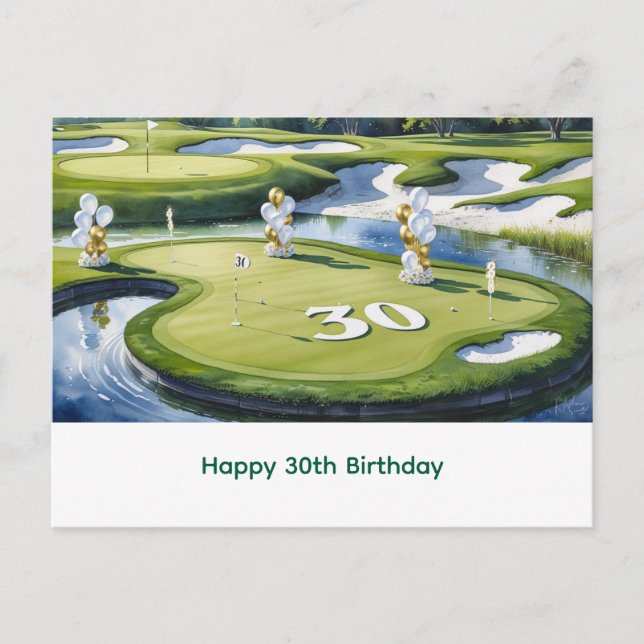 Postal Cumpleaños 30 de Golf en campo de golf (Anverso)