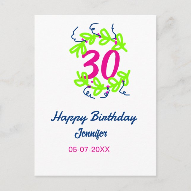 Postal cumpleaños 30 nombre fecha corona verde azul rústi (Anverso)