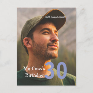 Postal cumpleaños 30 nombre foto fecha hombre azul blanco