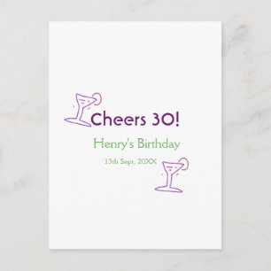 Postal cumpleaños 30 nombre vino púrpura vidrio verde