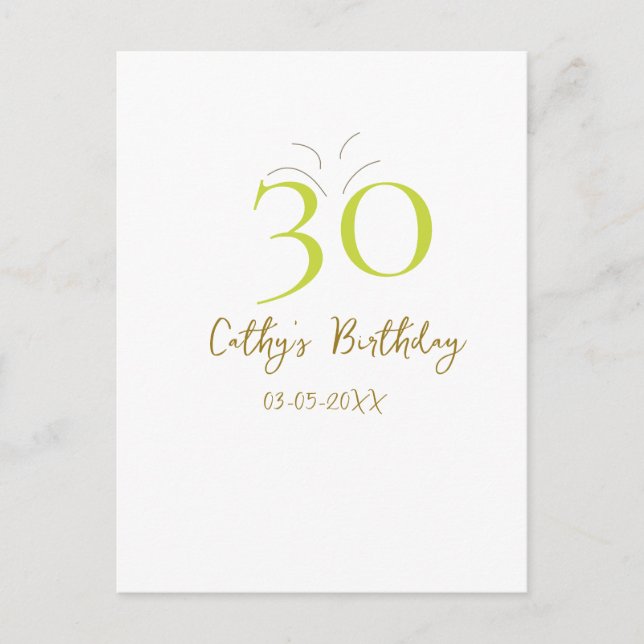POSTAL CUMPLEAÑOS 30 VERDE DORADO PASTEL RETRO A MANO  (Anverso)