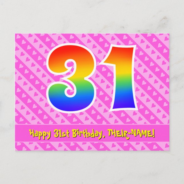 Postal Cumpleaños 31: Rayas rosadas y corazones, Arcoíris (Anverso)
