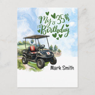 Postal Cumpleaños 35 del golfista con carrito de golf en