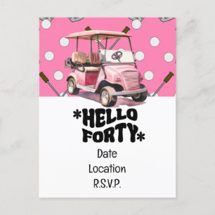 Postal Cumpleaños 40 de golf con carrito rosa mujer golfi