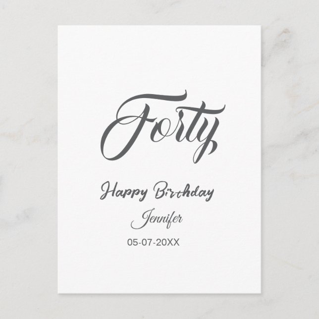 Postal cumpleaños 40 letra cuarenta nombre fecha año gris (Anverso)