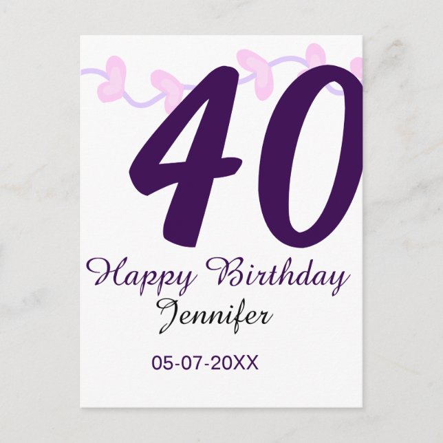 Postal cumpleaños 40 personalizado nombre fecha año pin f (Anverso)