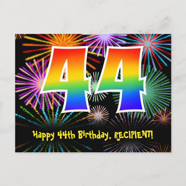 Postal Cumpleaños 44 - Patrón Divertido de Fuegos Artific (Anverso)