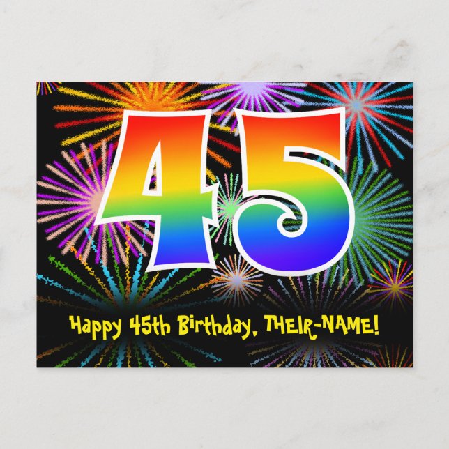Postal Cumpleaños 45 - Patrón Divertido de Fuegos Artific (Anverso)