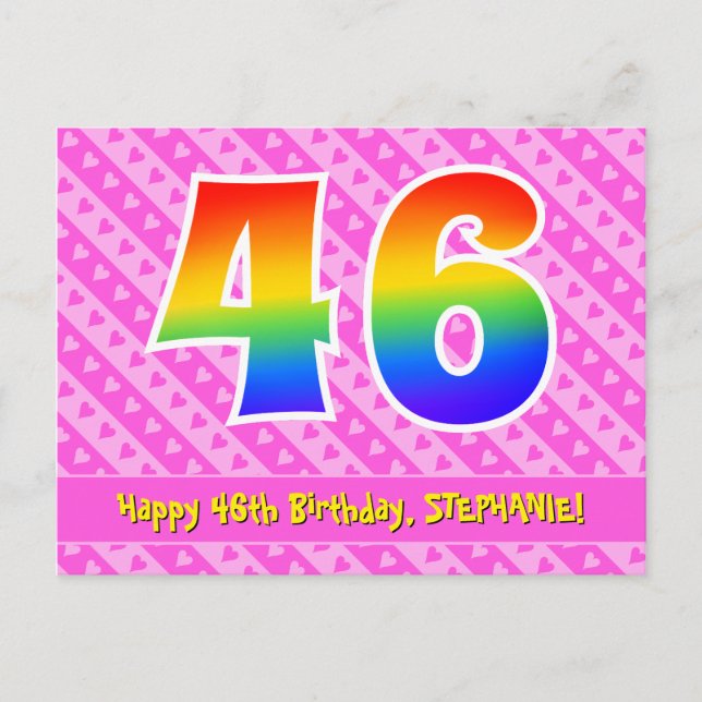 Postal Cumpleaños 46: Rayas rosadas y corazones, Arcoíris (Anverso)