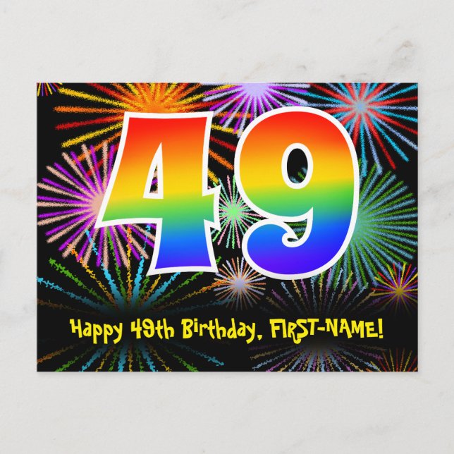 Postal Cumpleaños 49 - Patrón Divertido de Fuegos Artific (Anverso)