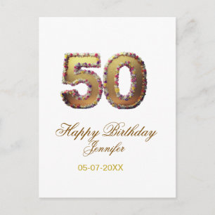 Postal cumpleaños 50 agregar nombre fecha año dorado flor