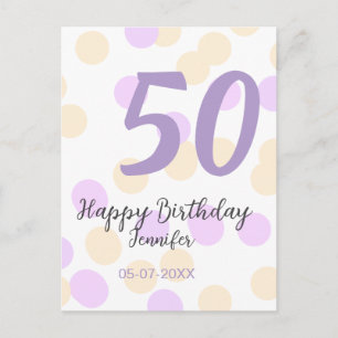 Postal cumpleaños 50 agregar nombre fecha purpura naranja