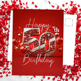 Postal Cumpleaños 50 Brillante Rojo y Plateado