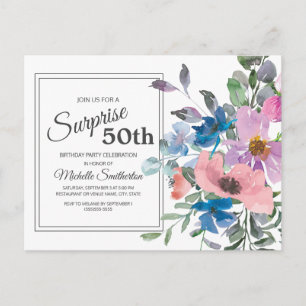 Postal Cumpleaños 50 en Floral Acuarela Morado Azul Rosa