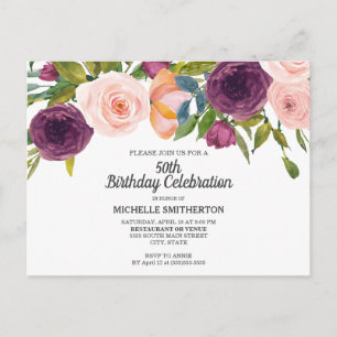 Postal Cumpleaños 50 en Floral Acuarela Rosa Púrpura Blan