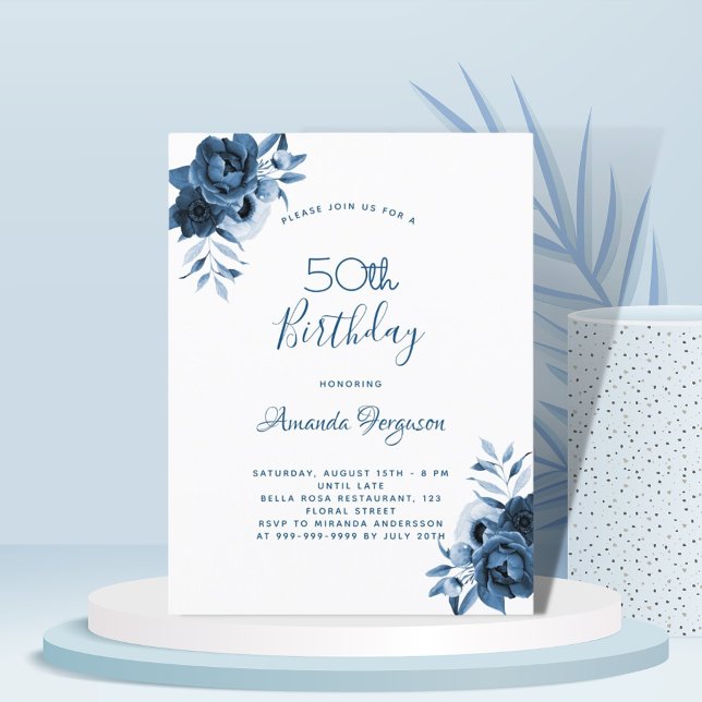 Postal Cumpleaños 50 florals azul guión blanco (Subido por el creador)