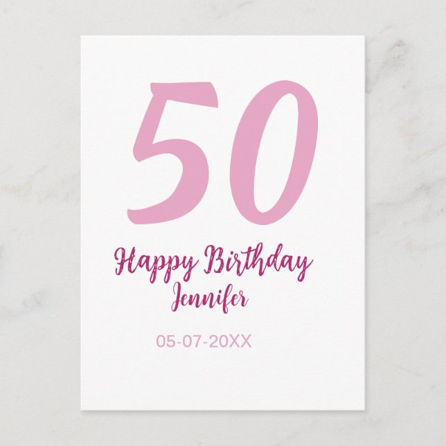 Postal cumpleaños 50 nombre fecha año rosa rojo negrita (Anverso)