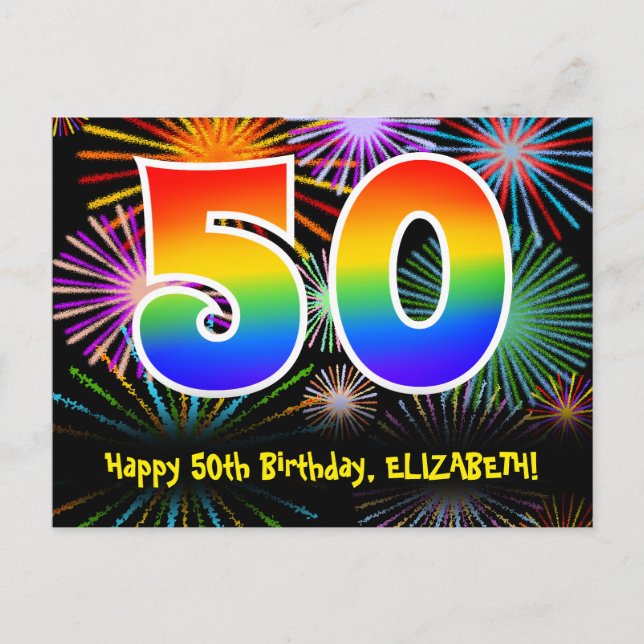 Postal Cumpleaños 50 – Patrón Divertido de Fuegos Artific (Anverso)