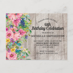 Postal Cumpleaños 50 Rustico Flores Acuarela Rosa Azul