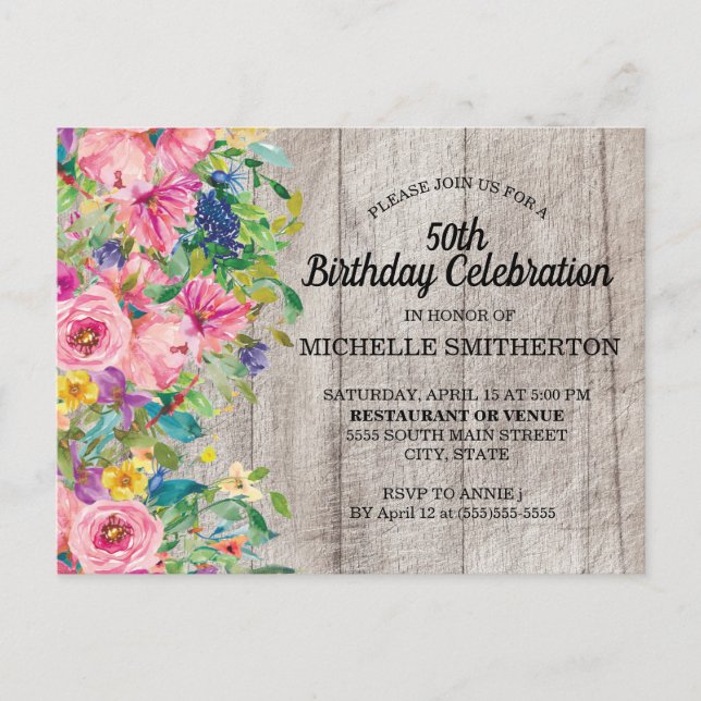 Postal Cumpleaños 50 Rustico Flores Acuarela Rosa Azul (Anverso)