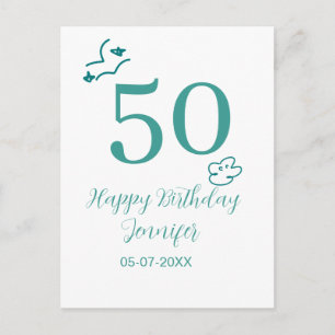 Postal cumpleaños 50 turquesa nombre nubes dibujadas a ma