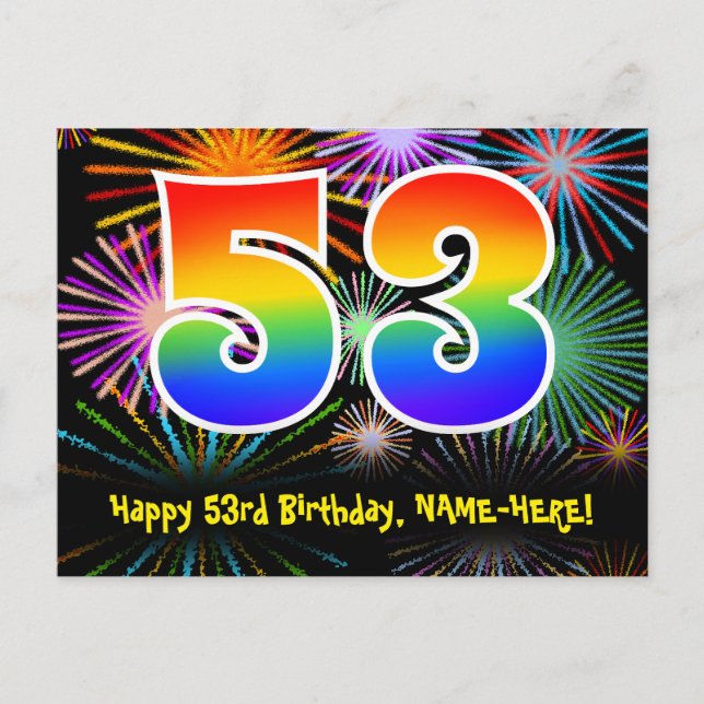 Postal Cumpleaños 53 - Patrón Divertido de Fuegos Artific (Anverso)