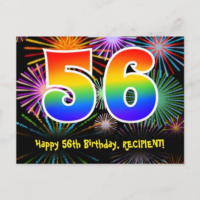 Postal Cumpleaños 56 - Patrón Divertido de Fuegos Artific (Anverso)