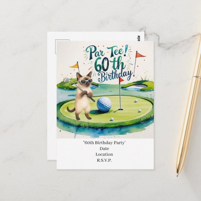 Postal Cumpleaños 60 del golfista con pelota de golf en t (Anverso/Reverso In Situ)