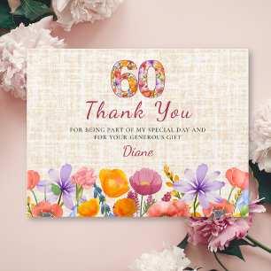 Postal Cumpleaños 60 - Elegante Número Floral 60 Gracias