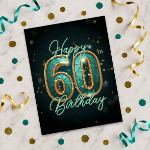 Postal Cumpleaños 60 Radiante Brillante Turquesa y Dorado