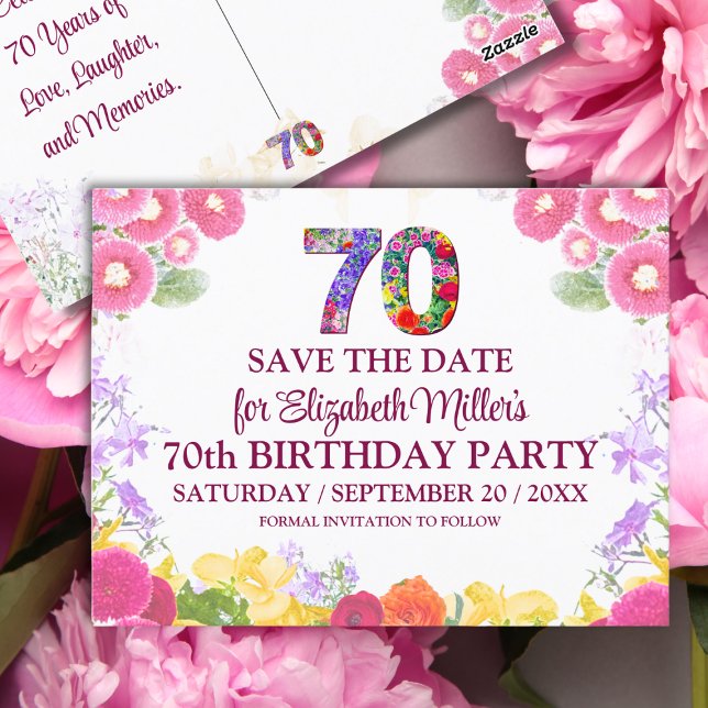 Postal Cumpleaños 70 Elegante Floral Save the Date (Subido por el creador)