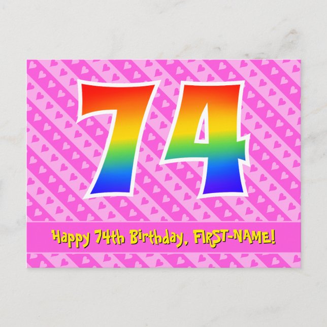 Postal Cumpleaños 74: Rayas y corazones rosados, arco iri (Anverso)