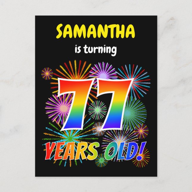 Postal Cumpleaños 77 - Fuegos artificiales divertidos, lu (Anverso)