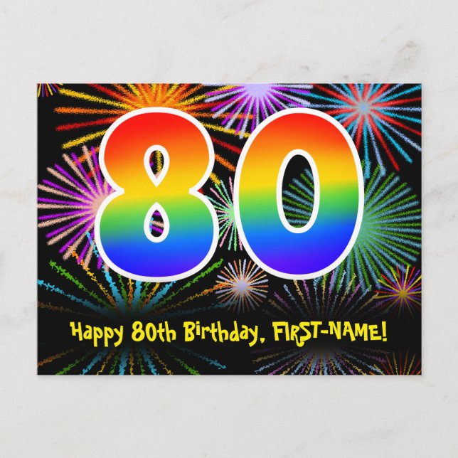 Postal Cumpleaños 80 - Divertido patrón de fuegos artific (Anverso)