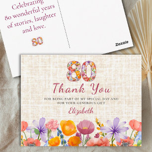 Postal Cumpleaños 80 - Elegante Número Floral 80 Agradeci