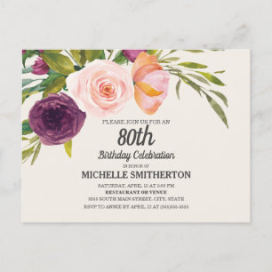 Postal Cumpleaños 80 en Floral Acuarela de Melocotón Púrp