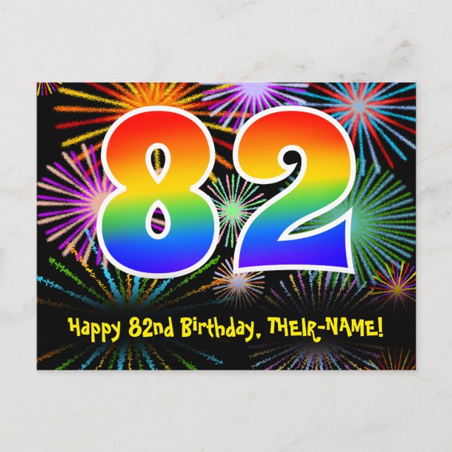 Postal Cumpleaños 82 - Patrón Divertido de Fuegos Artific (Anverso)