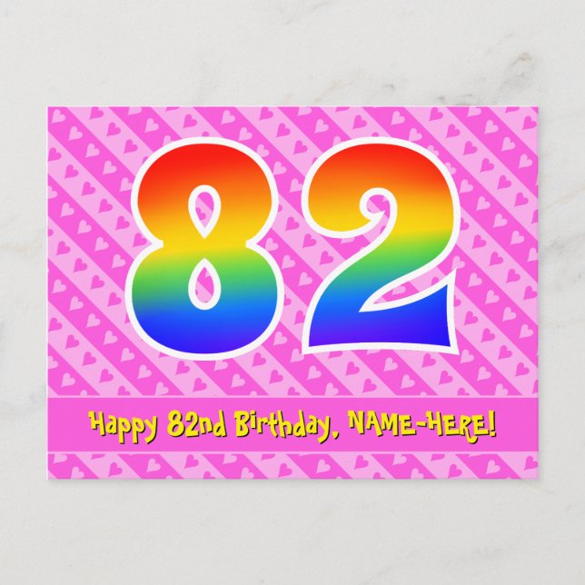 Postal Cumpleaños 82: Rayas rosadas y corazones, Arcoíris (Anverso)