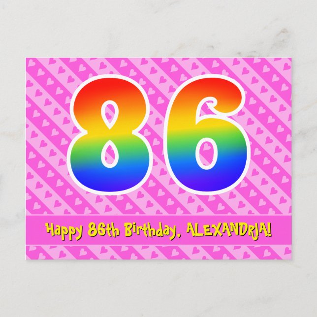 Postal Cumpleaños 86: Rayas rosadas y corazones, Arcoíris (Anverso)