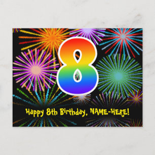 Postal Cumpleaños 8 - Patrón Divertido de Fuegos Artifici