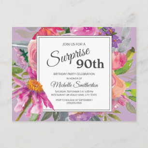 Postal Cumpleaños 90 Floral Acuarela Rosa Púrpura