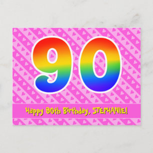 Postal Cumpleaños 90: Rayas rosas y corazones, arco iris