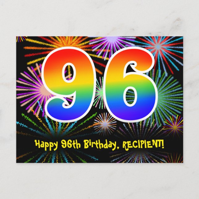 Postal Cumpleaños 96 - Patrón Divertido de Fuegos Artific (Anverso)