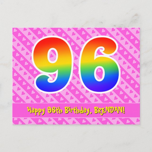 Postal Cumpleaños 96: Rayas rosadas y corazones, Arcoíris (Anverso)
