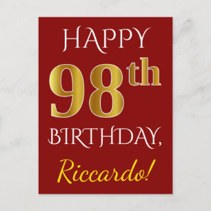 Postal Cumpleaños 98 Rojo, Falso Oro + Nombre Personaliza