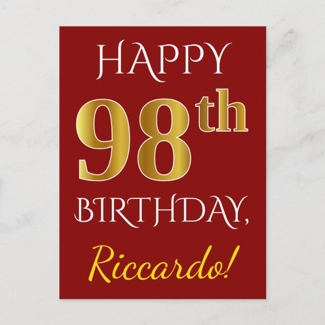 Postal Cumpleaños 98 Rojo, Falso Oro + Nombre Personaliza (Anverso)