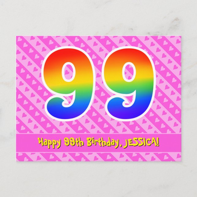 Postal Cumpleaños 99: Rayas rosadas y corazones, Arcoíris (Anverso)