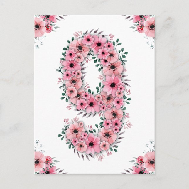 Postal Cumpleaños 9 Flores Rosadas Niña Follaje Verde Gra (Anverso)