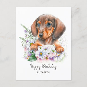 Postal Cumpleaños   acuarela Dachshund y Florals